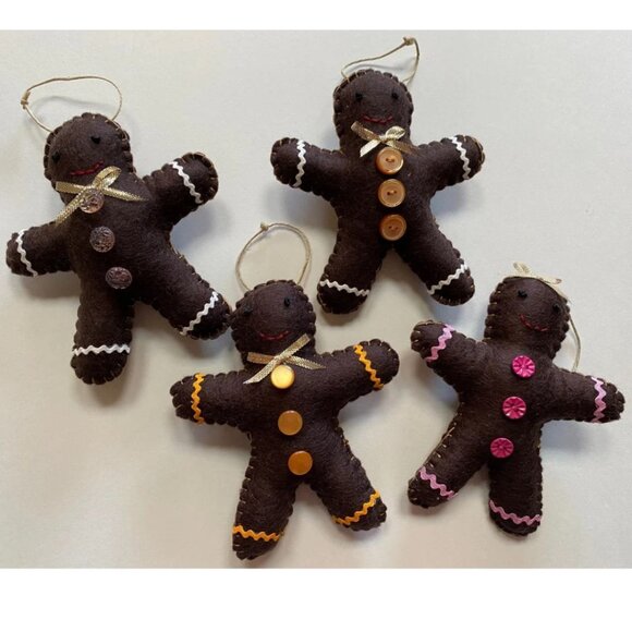 Gingerbread Man Christmas Tree Ornaments Handmade Felt Hand Stitched - Picture 1 of 2